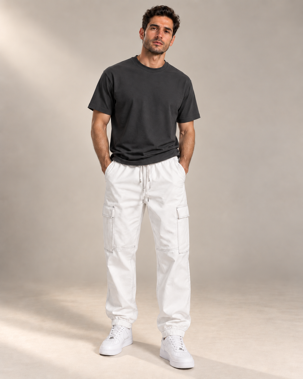 מכנס גבר WHITE CARGO – לבן, צילום סטודיו