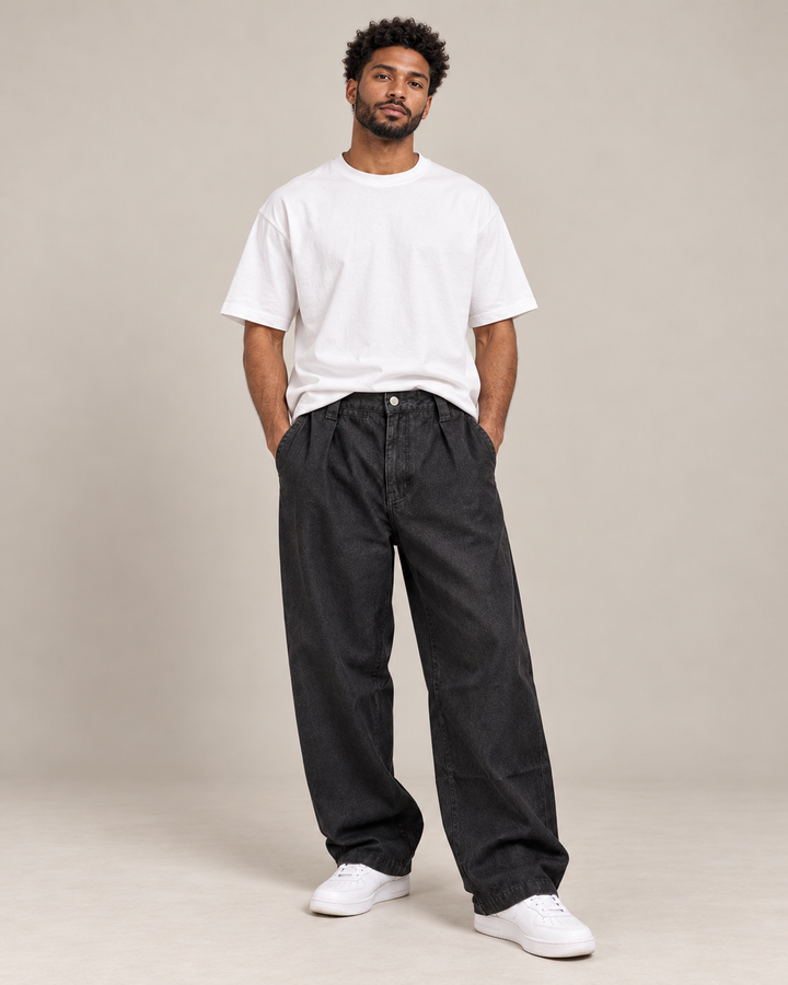 ג׳ינס באגי רחב לגבר BLACK PLEAT –  גזרה גדולה רחבה שחור ווש