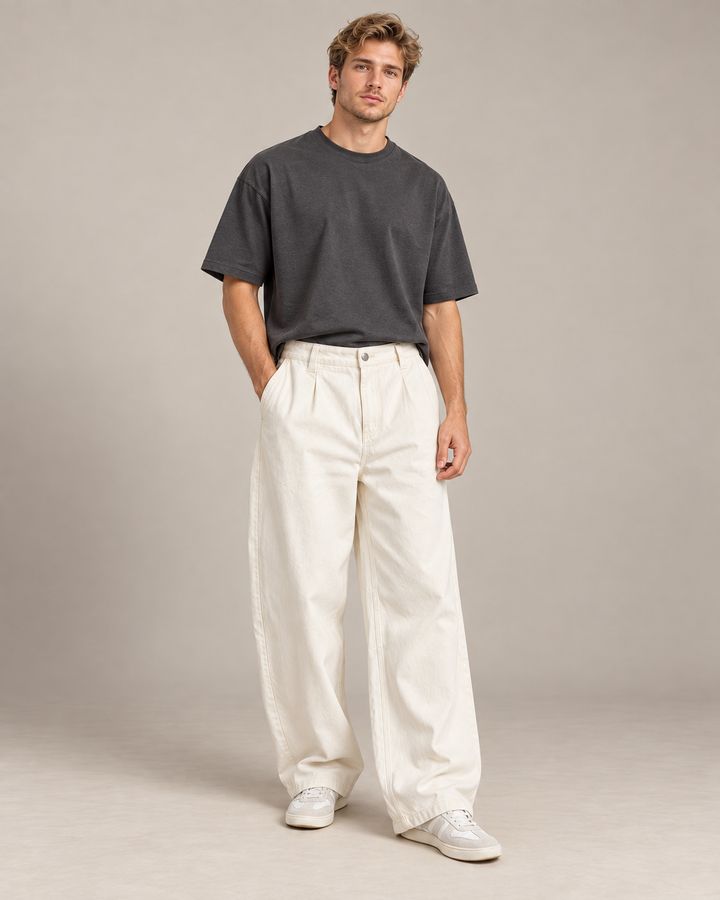 ג׳ינס באגי רחב לגבר IVORY PLEAT – שמנת – גזרה גדולה