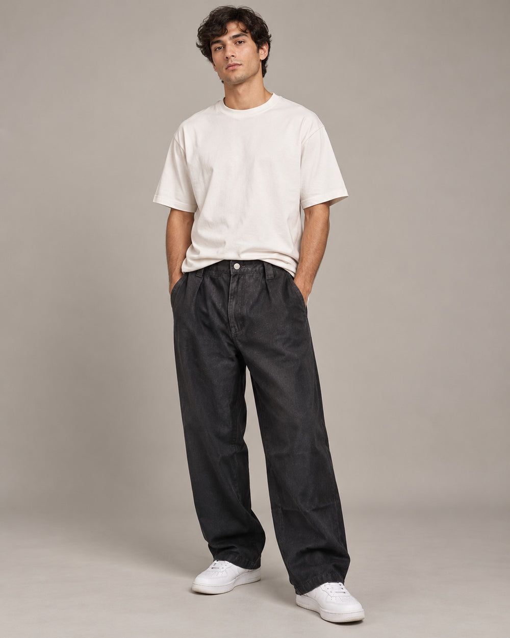 ג׳ינס באגי רחב לגבר BLACK PLEAT – שחור ווש