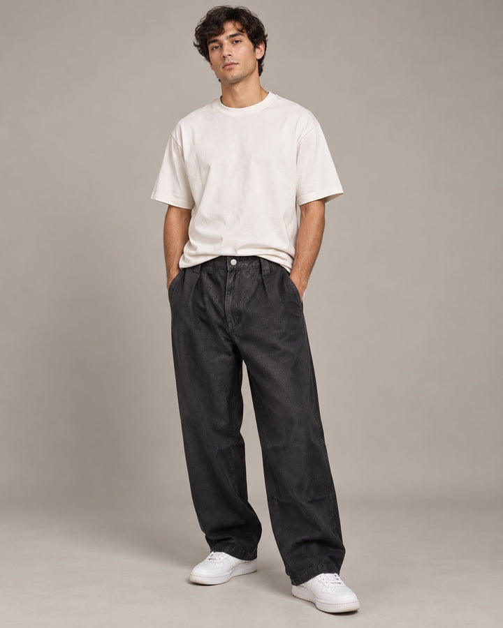 ג׳ינס באגי רחב לגבר BLACK PLEAT – שחור ווש