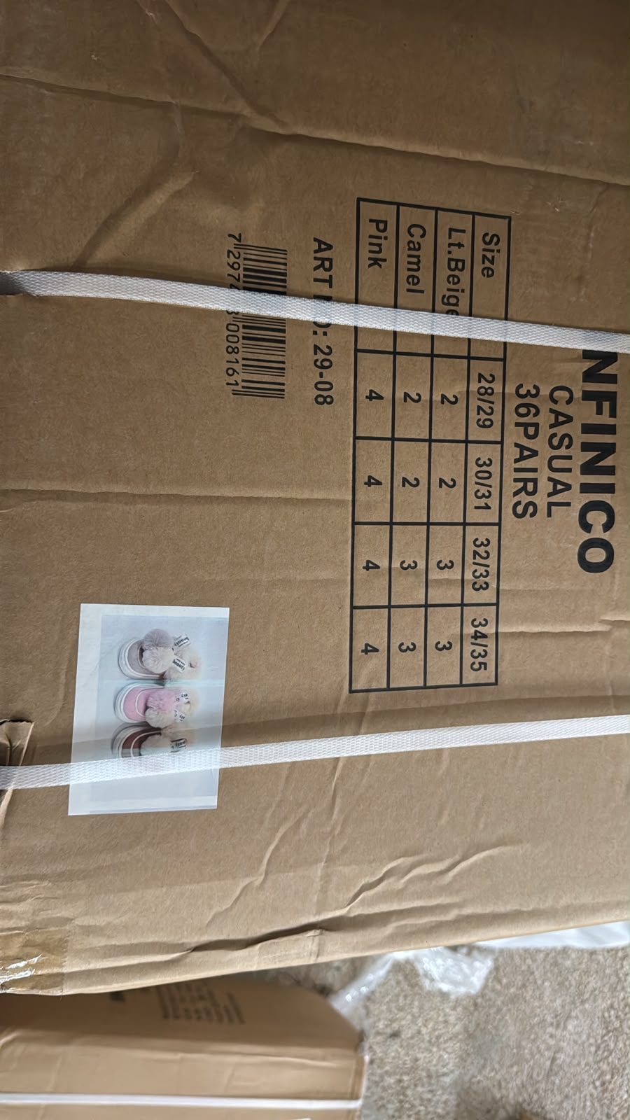 נעלי בית עם פונפונים INFINICO דגם 29-08 – טבלת מידות וצבעים על הקרטון