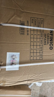 נעלי בית עם פונפונים INFINICO דגם 29-08 – טבלת מידות וצבעים על הקרטון