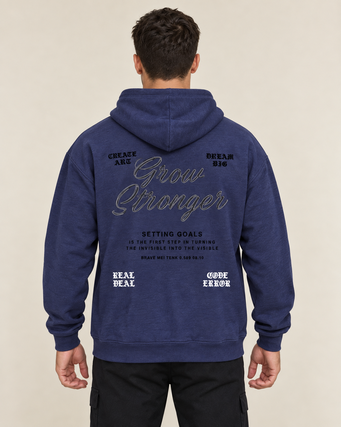 קפוצ׳ון לגבר GROW STRONGER – הדפס כיתוב – כחול נייבי – גב