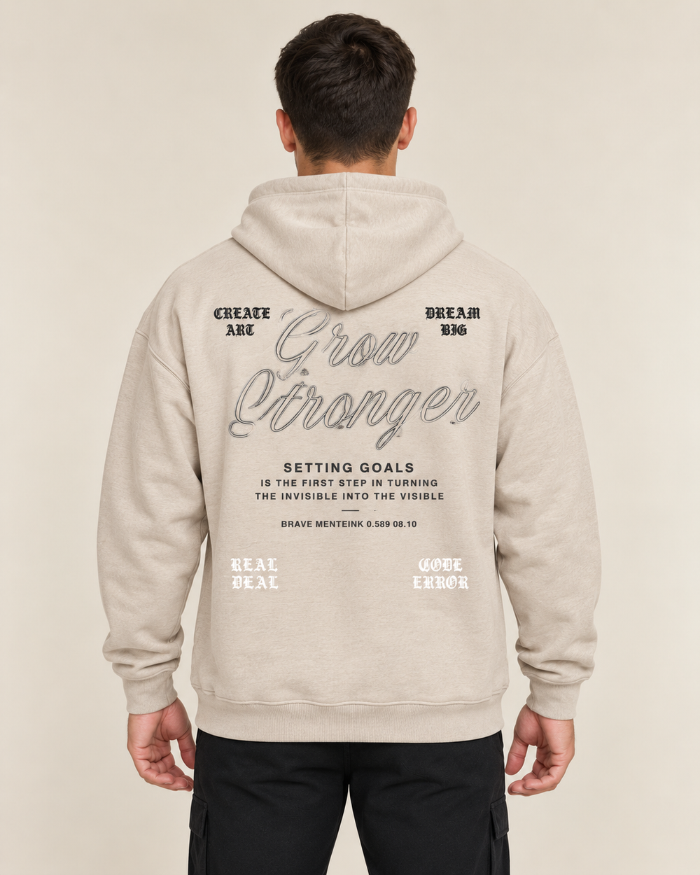 קפוצ׳ון לגבר GROW STRONGER – הדפס כיתוב – אוף וויט – גב