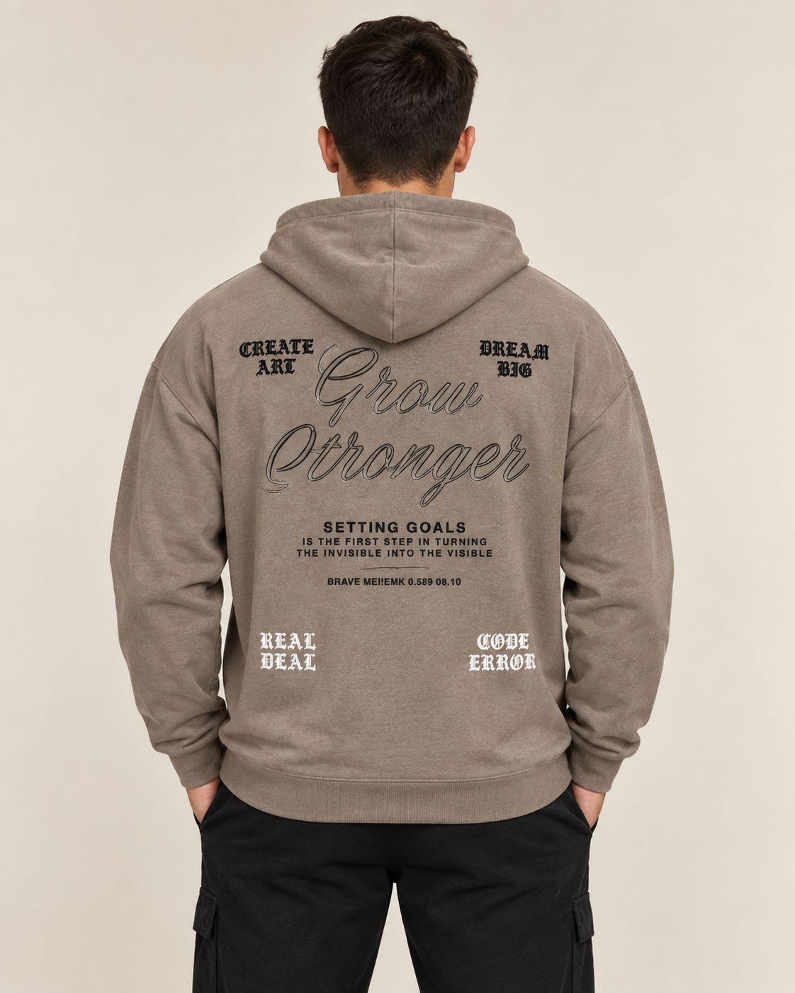 קפוצ׳ון לגבר GROW STRONGER – הדפס כיתוב – בז׳ – גב